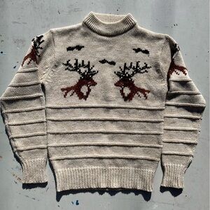 Men's Vintage Silton California Sweater Beige Deer L Knit Wildlife 80s Cottage